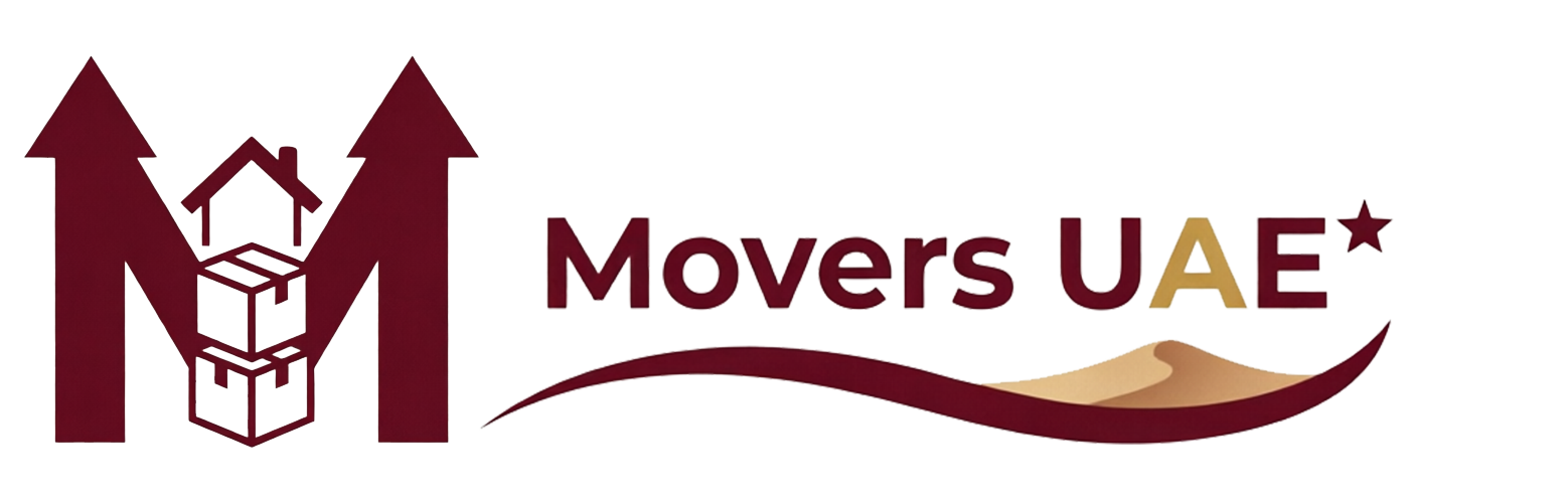 Maroon M-shaped logo with a moving box inside, paired with the text 'Movers UAE' and a curved swoosh in maroon and gold.